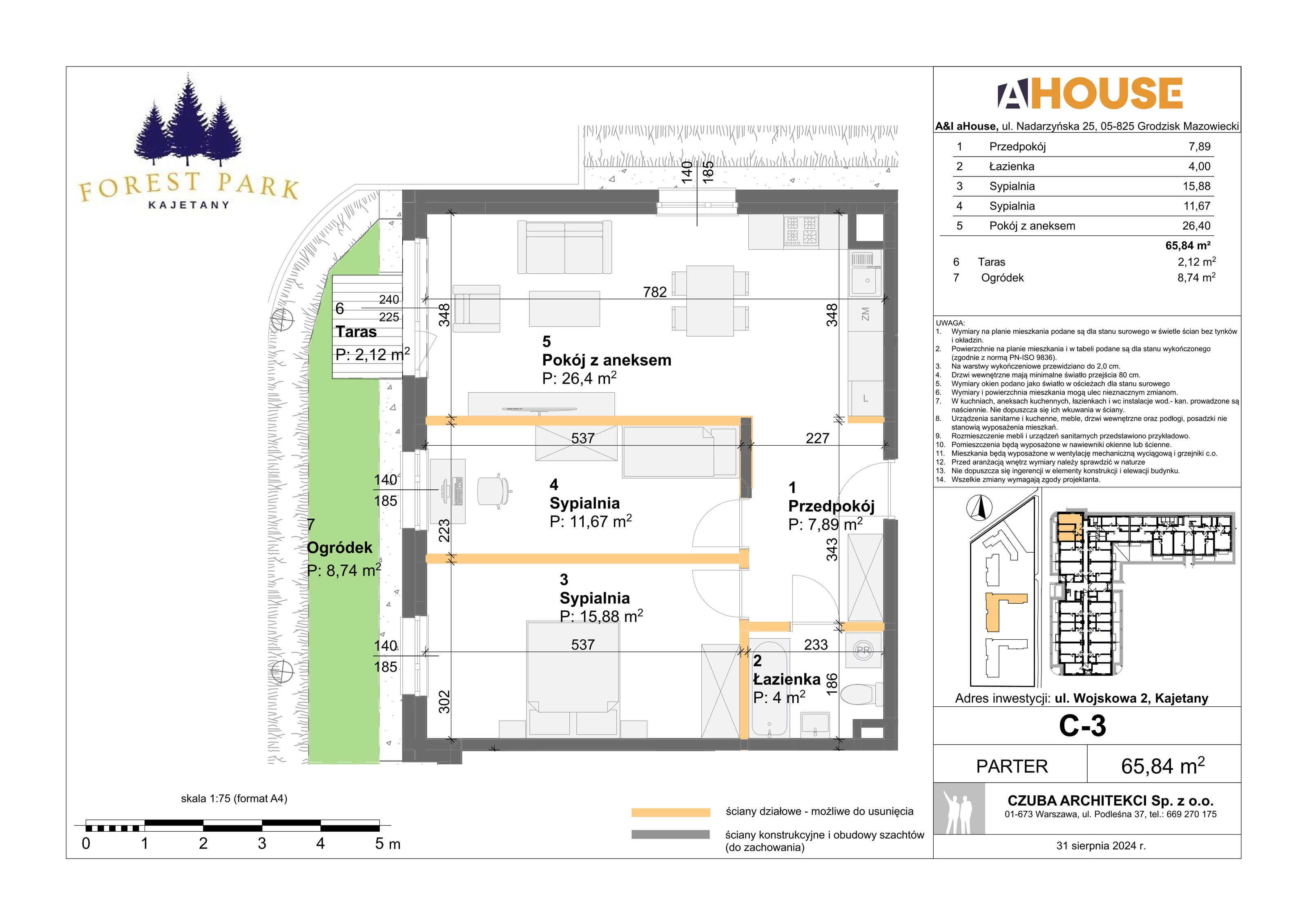 3 pokoje, mieszkanie 65,84 m², parter, oferta nr C-3, Forest Park Kajetany, Kajetany, ul. Wojskowa 2